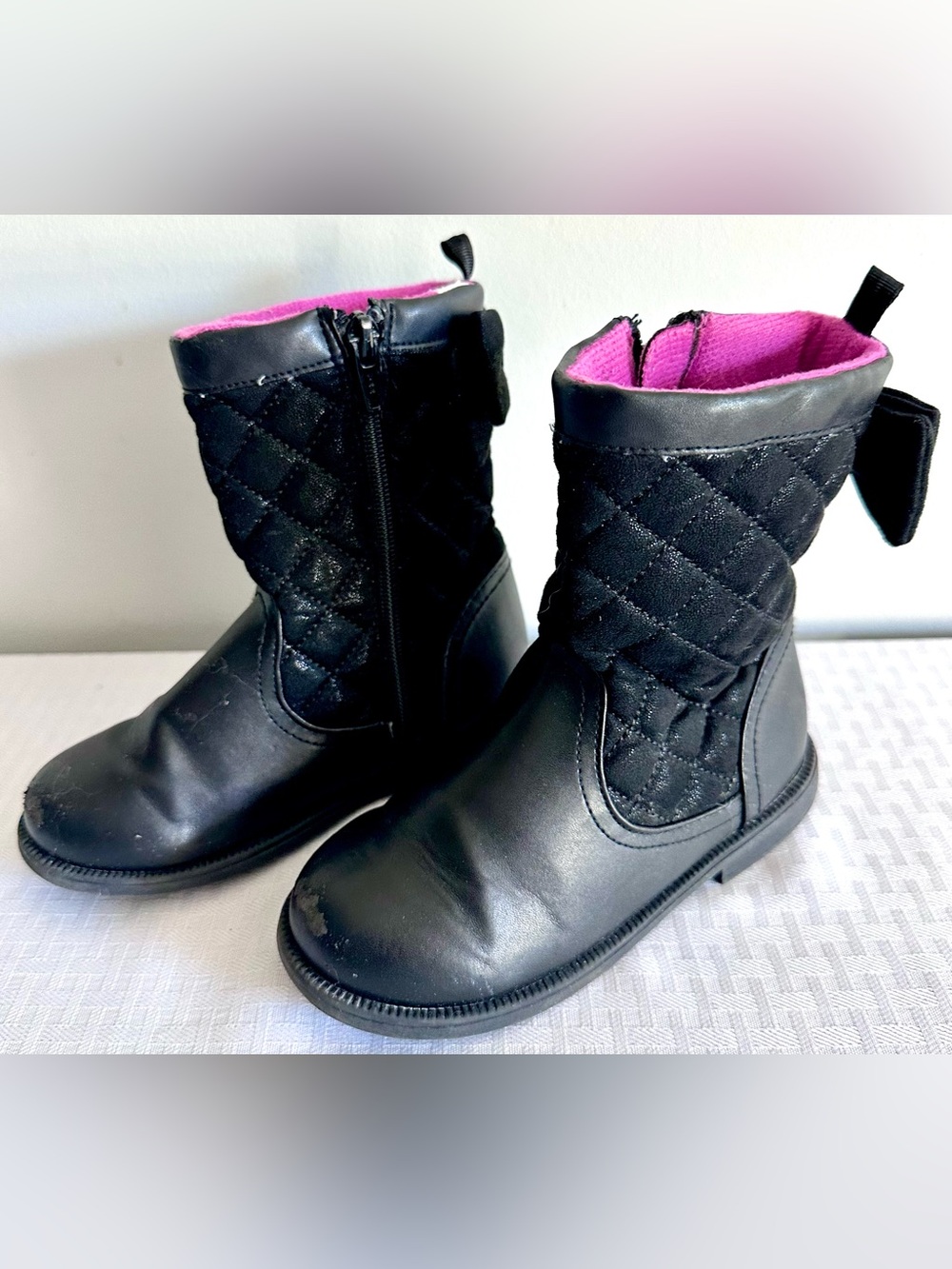 Koala Kids Girls Size 10 Black Quilted Bow Ankle Boots Pink Lining Side Zip